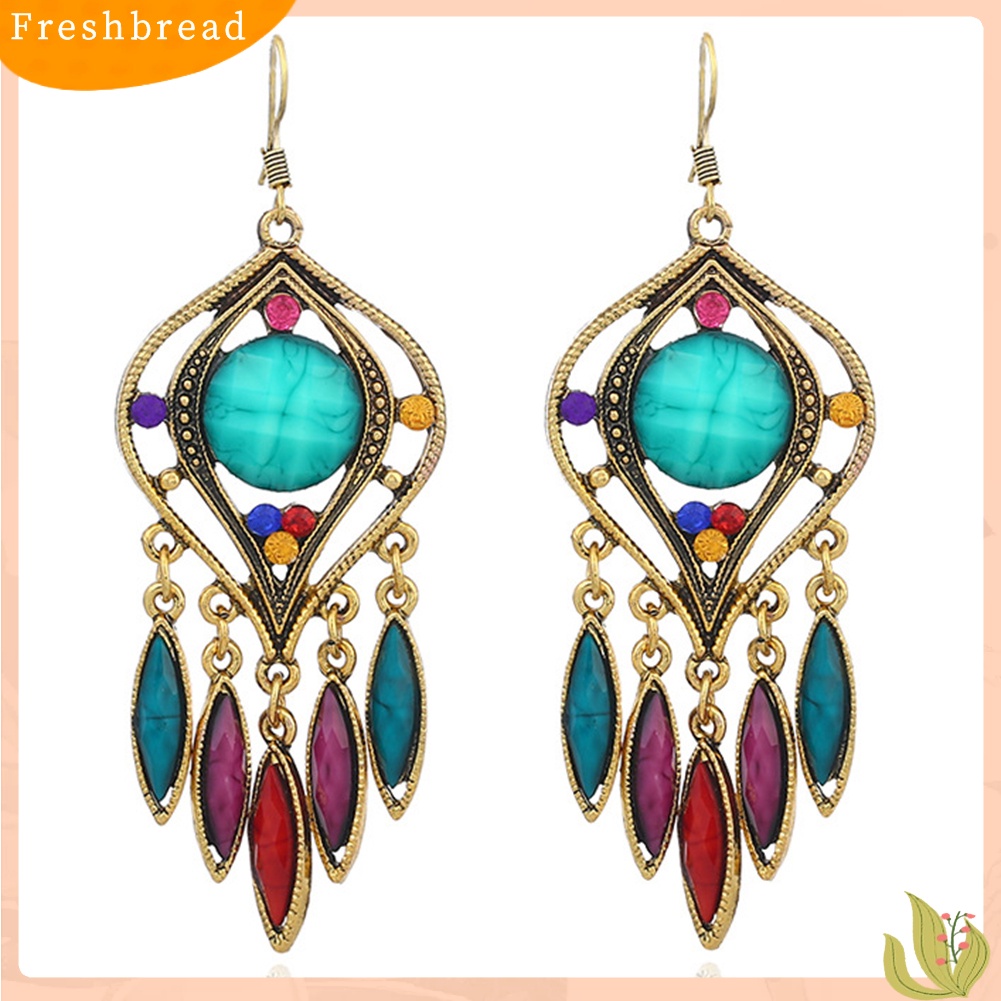 &lt; Freshbread &gt; Bohemian Wanita Berongga Ukir Resin Panjang Rumbai Menjuntai Kait Anting Perhiasan