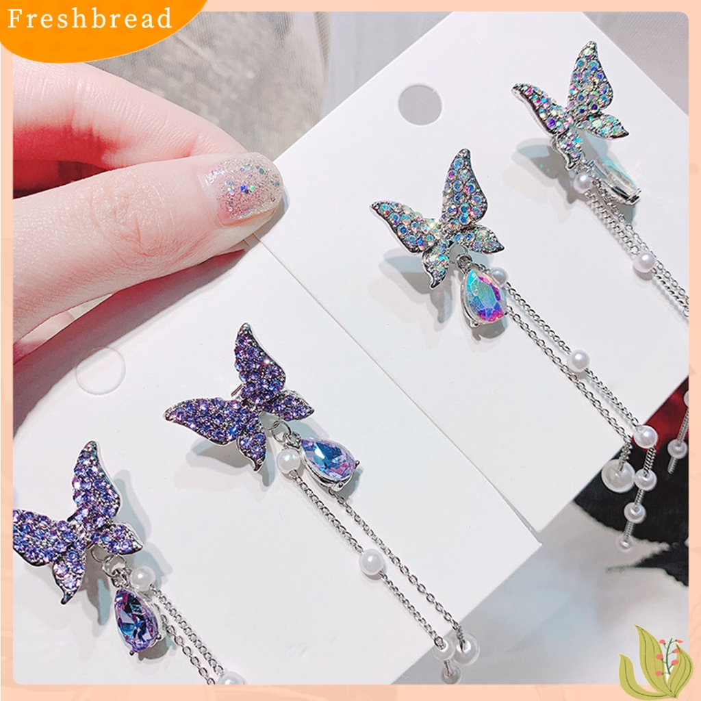 &lt; Freshbread &gt; 1pasang Berlian Imitasi Bersinar Rantai Rumbai Lady Earrings Hidup Kupu-Kupu Mutiara Imitasi Stud Earrings Elegan Earrings