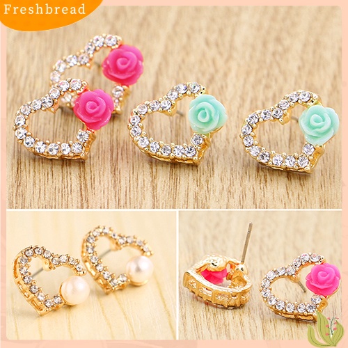 &lt; Freshbread &gt; Wanita Cinta Hati Berlian Imitasi Bunga Mutiara Imitasi Ear Studs Earrings Perhiasan Hadiah