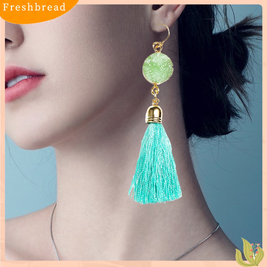 &lt; Freshbread &gt; 1pasang Anting Kait Bohemian Katun Ringan Garis Pinggiran Desain Menjuntai Earrings Aksesoris Telinga