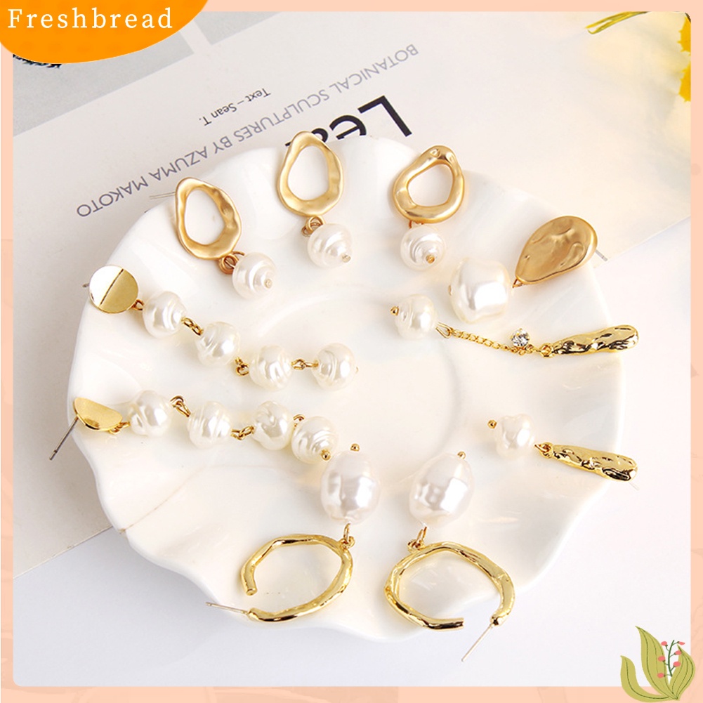 &lt; Freshbread &gt; Wanita Mutiara Imitasi Geometris Menjuntai Panjang Eardrop Leaverback Earrings Perhiasan Hadiah