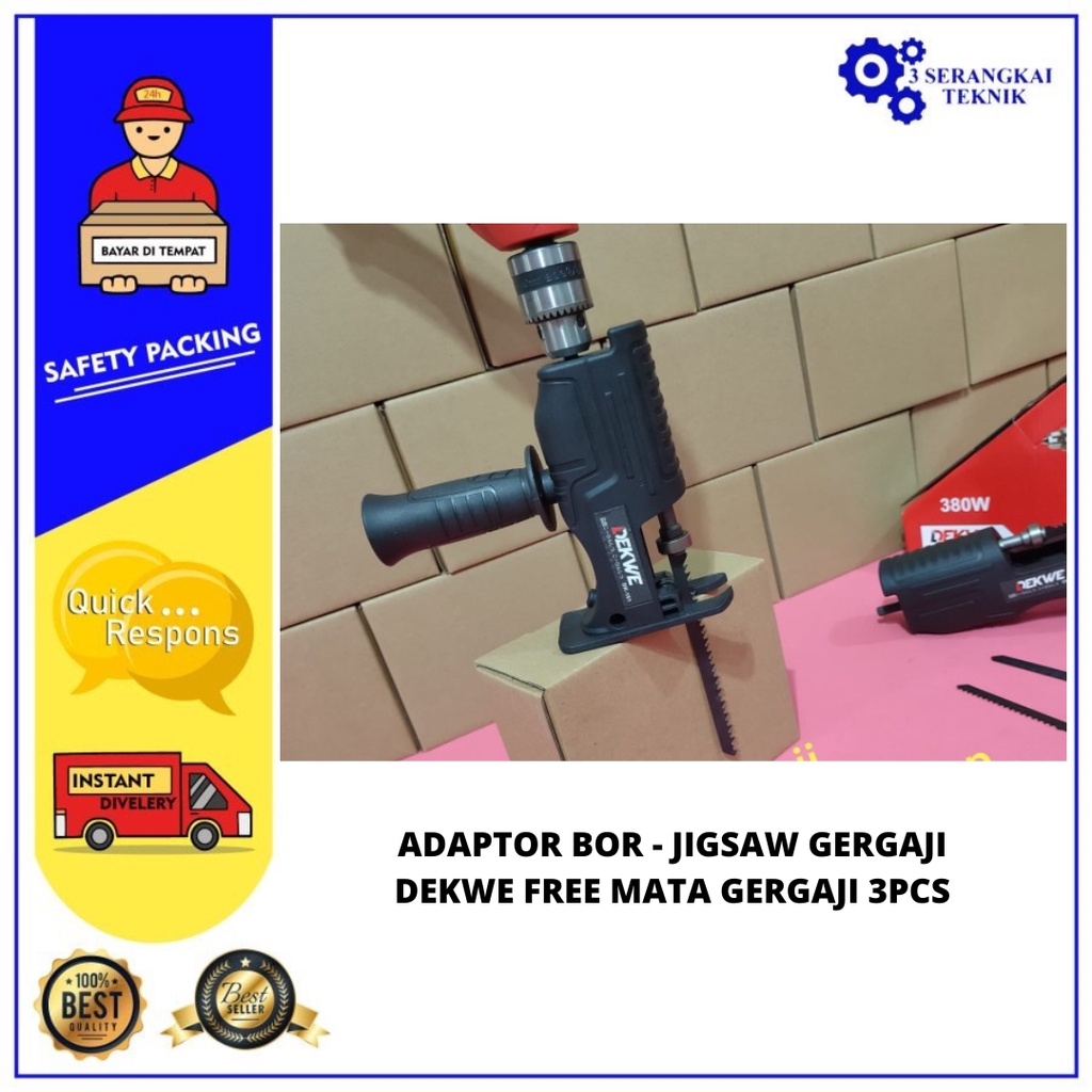 DEKWE Adaptor Bor Jig Saw Gergaji Potong Kayu Besi Reciprocating Free 3 Mata