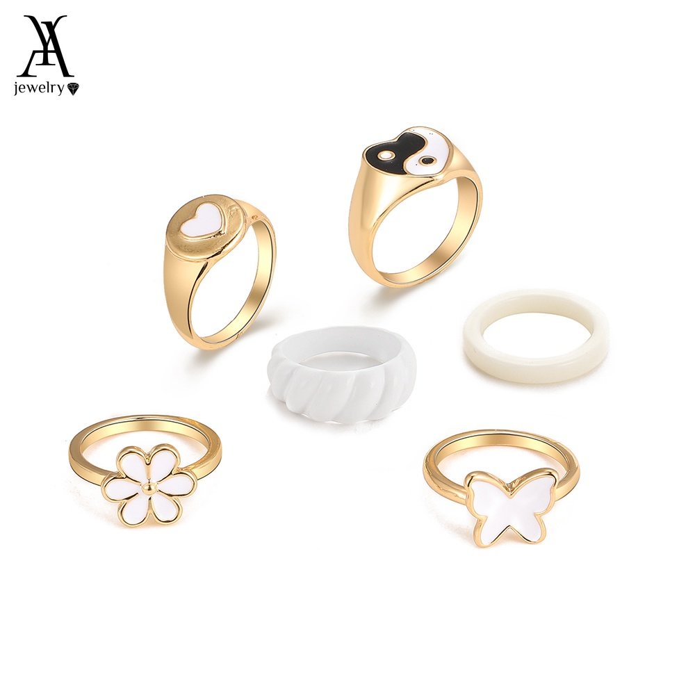 AY(CN) 6pcs / Set Cincin Butterfly Flower Bentuk Hati Warna Putih Untuk Wanita