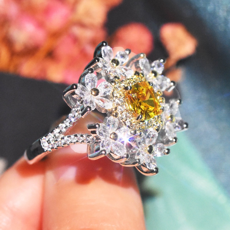 Goldkingdom Aksesoris Perhiasan Fashion Ready Stock Ringan Mewah Karat Berwarna Berlian Kuning Enam Bunga Zirkon Cincin Berlian Pernikahan Cincin Untuk Wanita