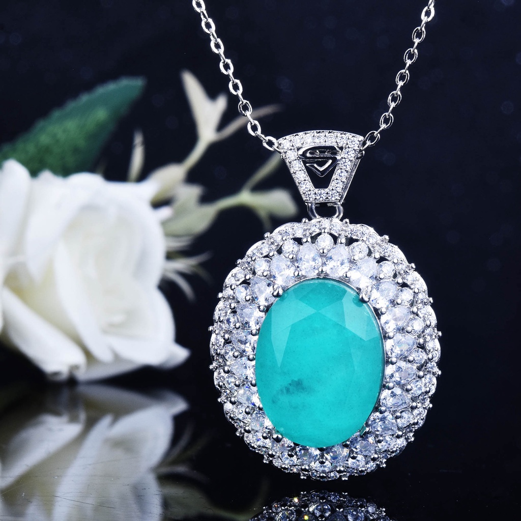 Goldkingdom Fashion Perhiasan Aksesoris Ready Stock Mewah Full Berlian Vintage Kalung Danau Biru Paraiba Berbentuk Telur Karat Besar Tourmaline Pendant