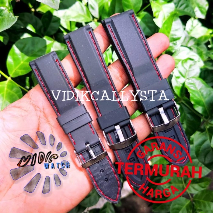 Strap Tali Jam Tangan Karet 20mm 22mm 24mm Hitam Jahit Merah