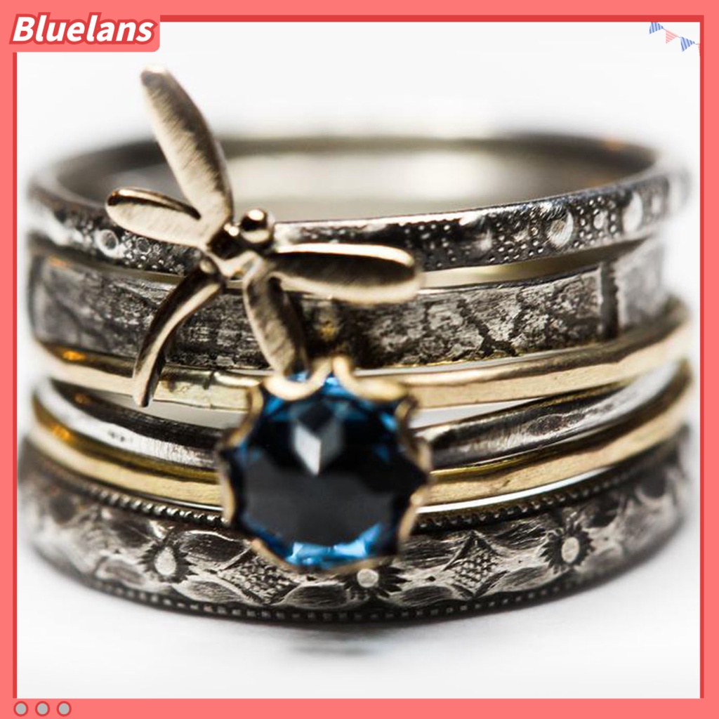 {In Stock} Cincin Jari Gaya Vintage Multi-layer Anti-Cacat Capung Biru Faux Kristal Engagement Ring Untuk Pacaran