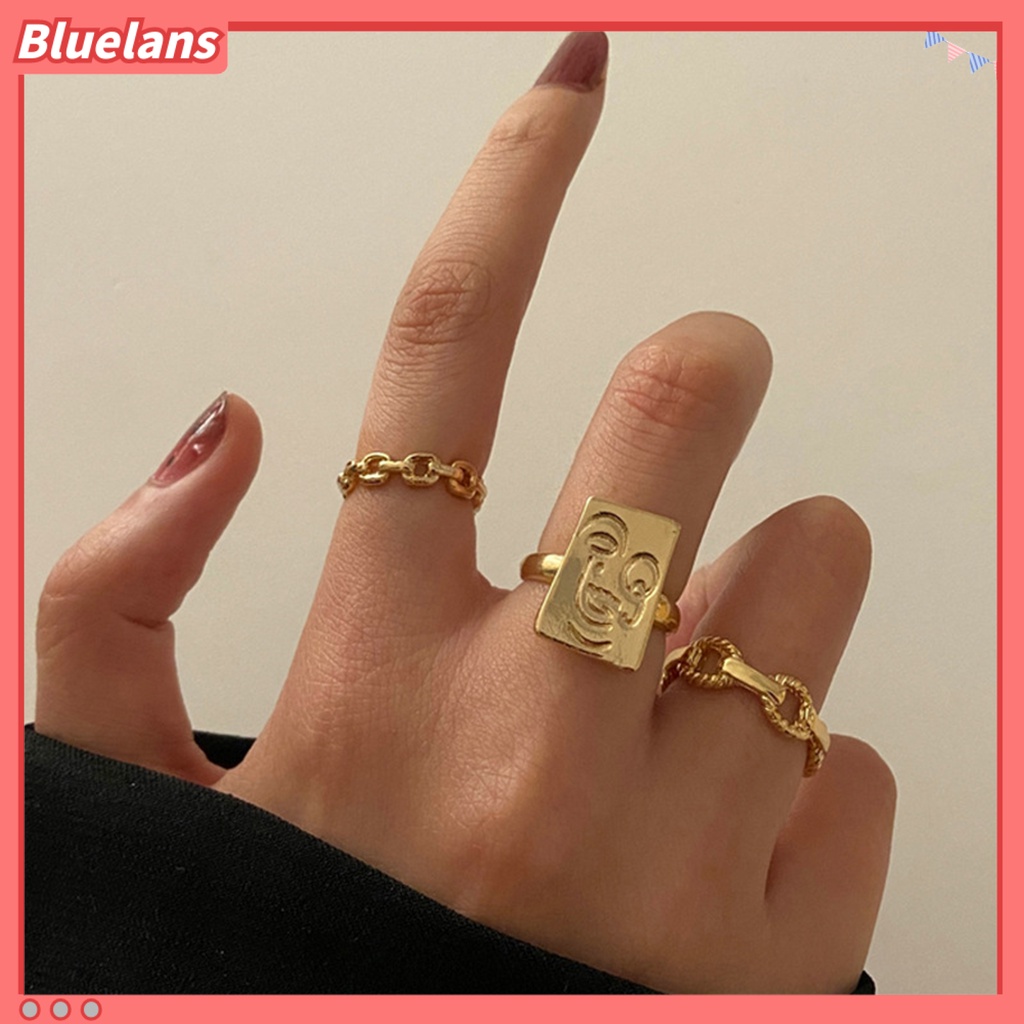 {In Stock} 3Pcs Cincin Wanita Adjustable Wajah Tersenyum Rantai Memutar Jari Terbuka Rings Perhiasan Untuk Pakaian Sehari-Hari