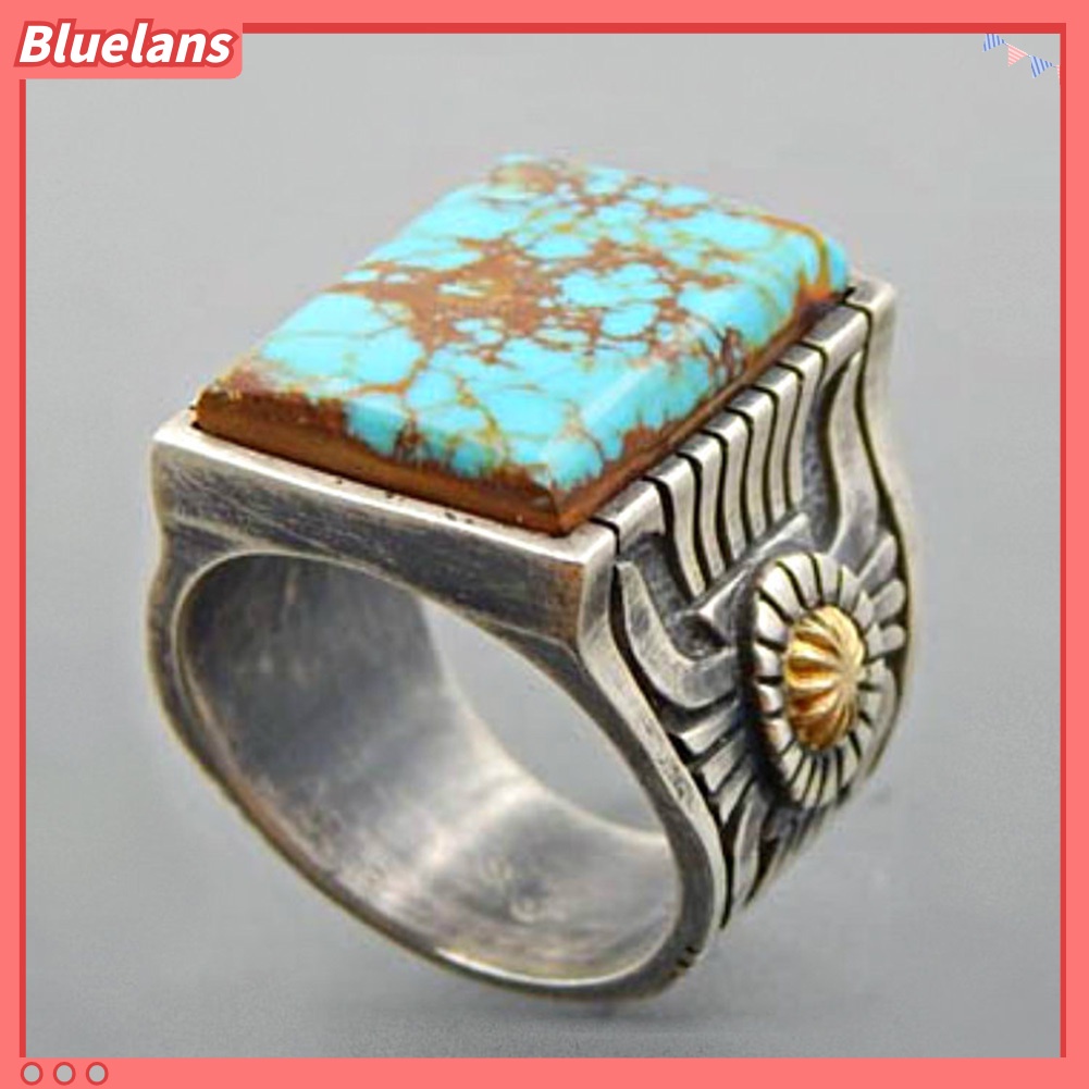 {In Stock} Retro Ukiran Bunga Matahari Imitasi Pirus Bertatahkan Cincin Wanita Perjamuan Perhiasan Hadiah