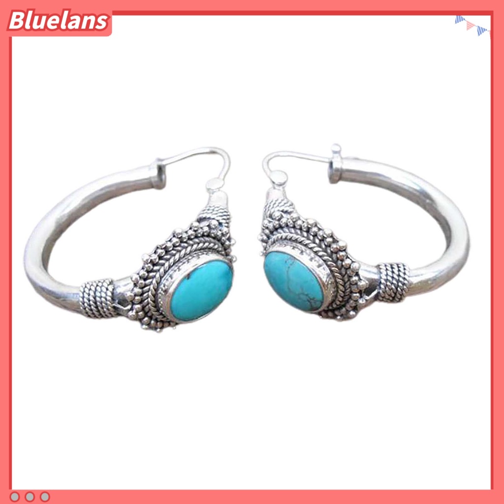 {In Stock} 1pasang Anting Hoop Tindik Oval Ukir Unik Biru Turquoise Bohemia Retro Earrings Aksesoris Perhiasan