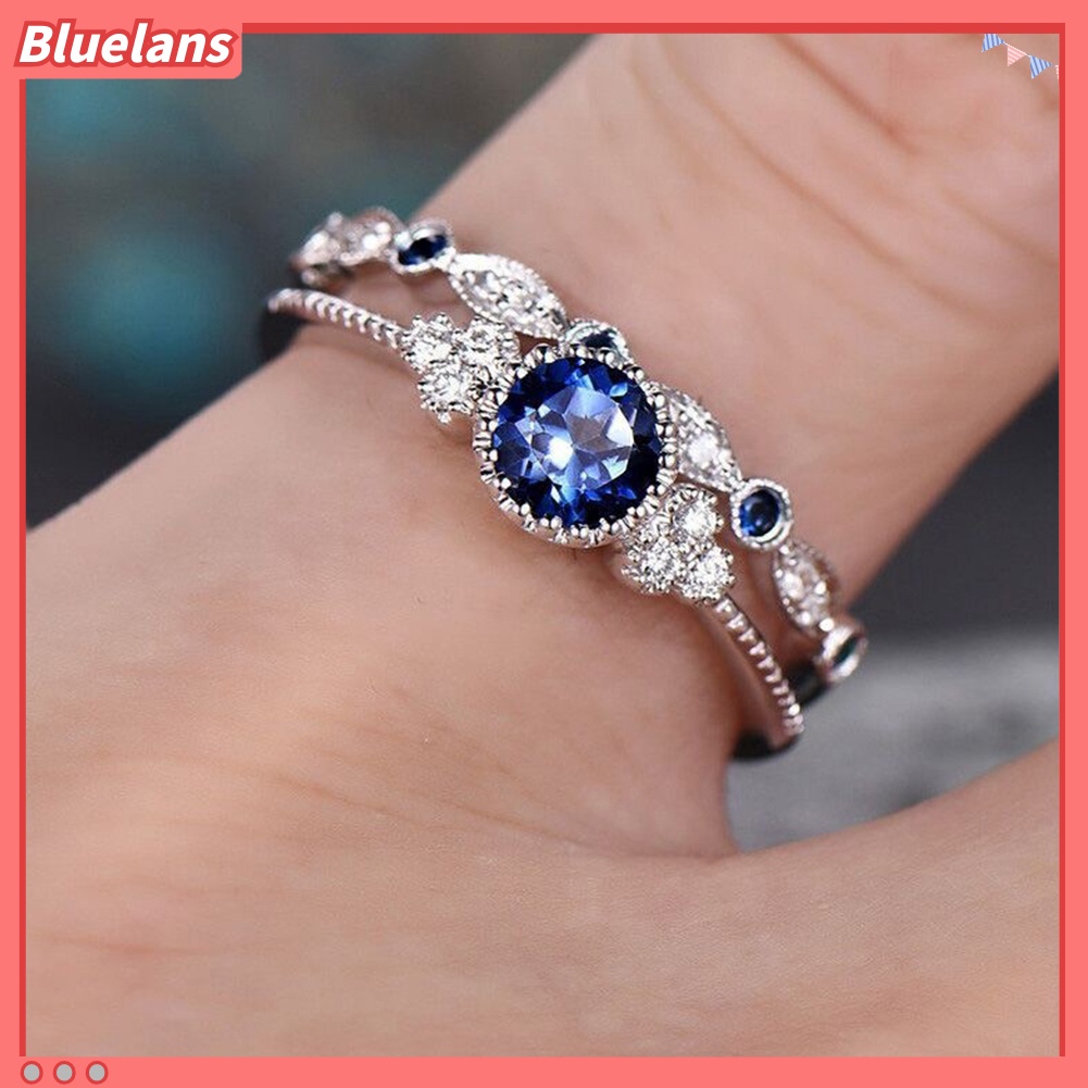 {In Stock} 2Pcs/Set Wanita Berlian Imitasi Potongan Bulat Cubic Zirconia Jari Cincin Perhiasan Pernikahan
