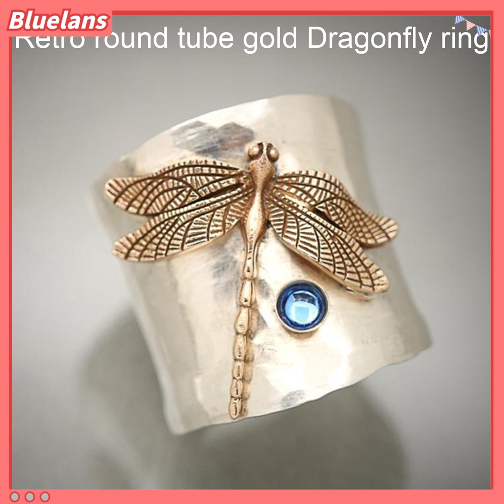 {In Stock} Cincin Fashion Capung Dekorasi Perhiasan Vintage Ukiran Desain Tabung Emas Alloy Ring Untuk Pesta