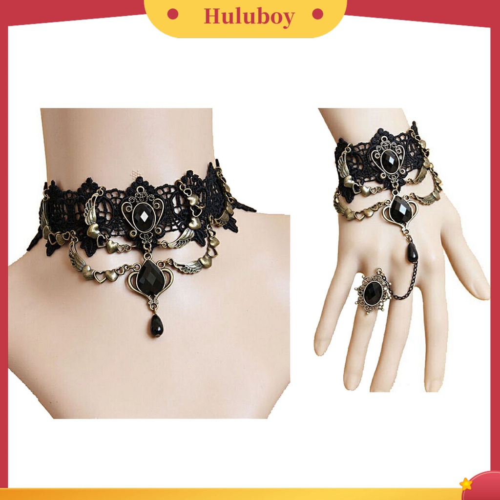 Kalung Gelang Cincin Bahan Lace Warna Hitam Gaya Gothic Punk Untuk Wanita