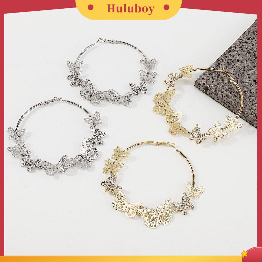 {Ready Stock} 1pasang Anting Hoop Vintage Geometris Berlebihan Berlian Imitasi Mengkilap Hias Dekorasi Hadiah 3D Berongga Keluar Kupu-Kupu Wanita Anting Lingkaran Untuk Perjamuan