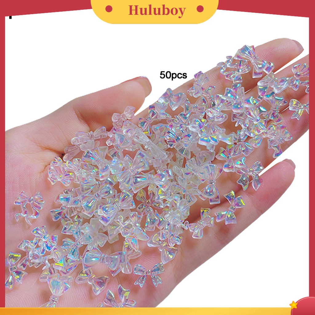 {In Stock} 50Pcs/Set Ornamen Busur Kuku Aurora 3D Resin Manicure Glitter Ikatan Simpul DIY Berlian Imitasi Untuk Mempercantik