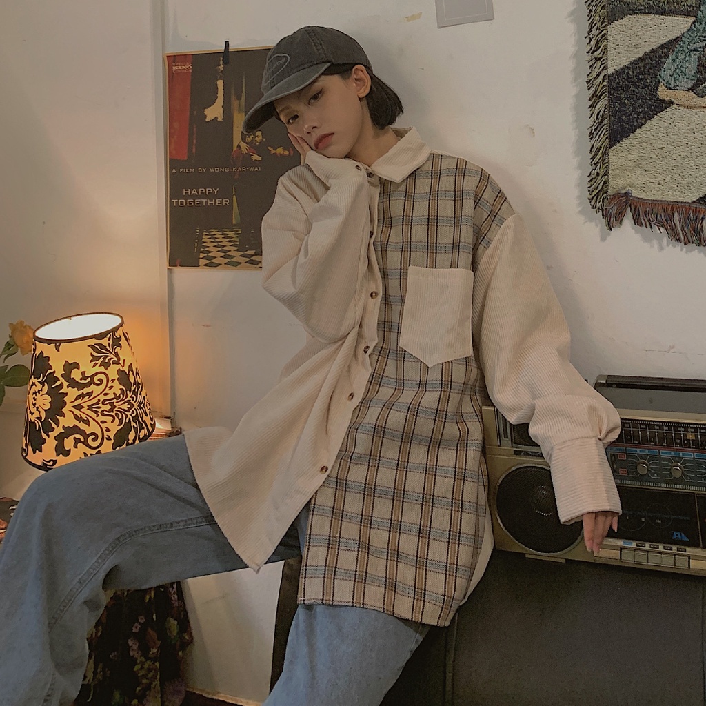 Newlan Cs003 Kemeja Oversize Wanita Korea / Kemeja Corduroy / Kemeja Kotak Casual Jumbo