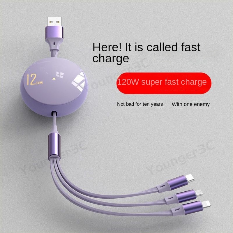 120w Kabel Pengisian Super Cepat 3in1 Charger Telepon Yang Dapat Ditarik 1M Extendable Charging Cord Untuk ios Tipe C Android