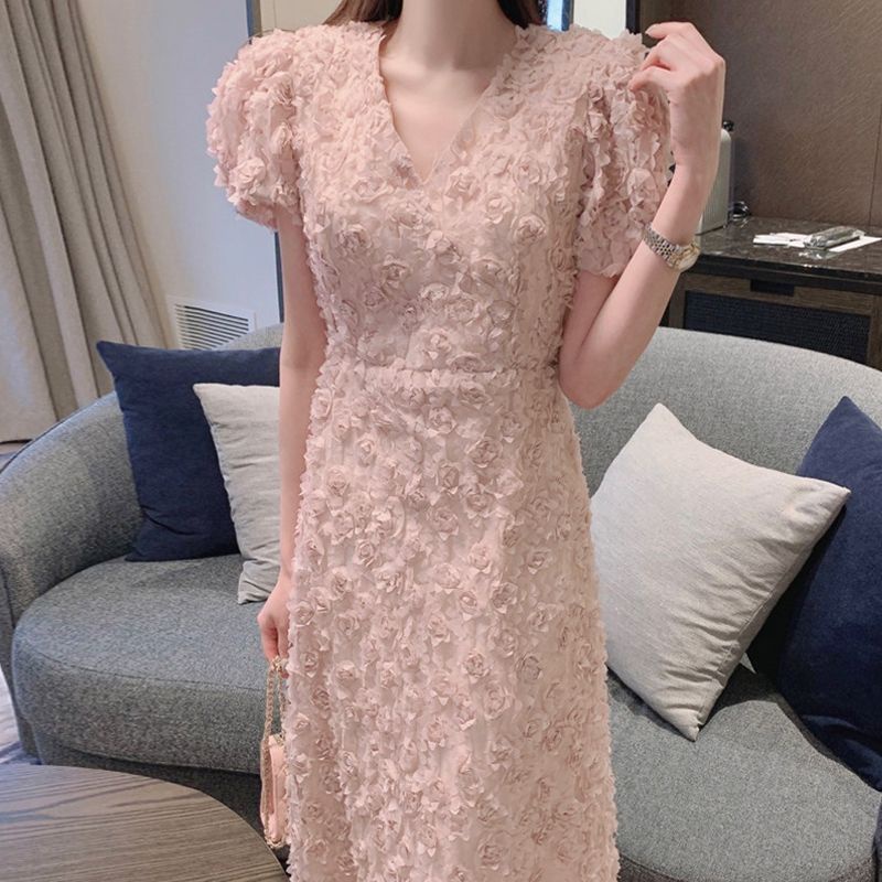 French Sweet V-Neck 3D Flower Bubble Sleeve Dress