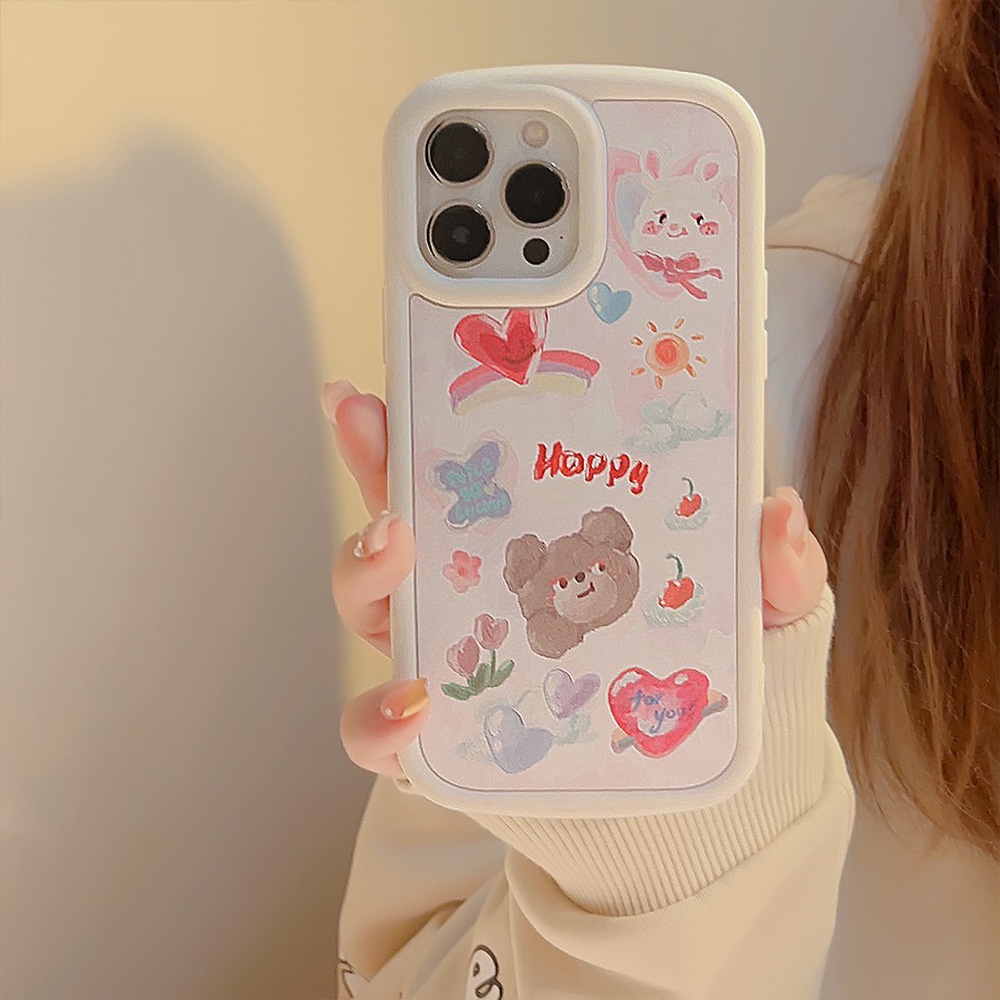 IPHONE Ins Lukisan Cat Minyak Beruang Dan Kelinci Pola Kulit Lembut Shockproof Phone Case Covers Untuk Iphone11 12 13 14 PLUS PRO MAX