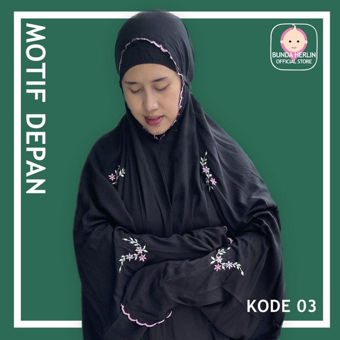 Mukena Bordir Dewasa Terusan Lembut Rayon Hitam Motif Bunga Premium