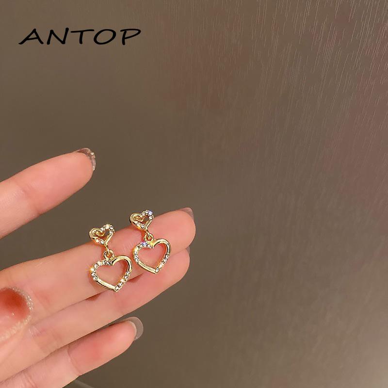 S925 Perak Stitch Berlian Berongga Bentuk Hati Anting Sederhana Kompak Modis Anting [Yumna]