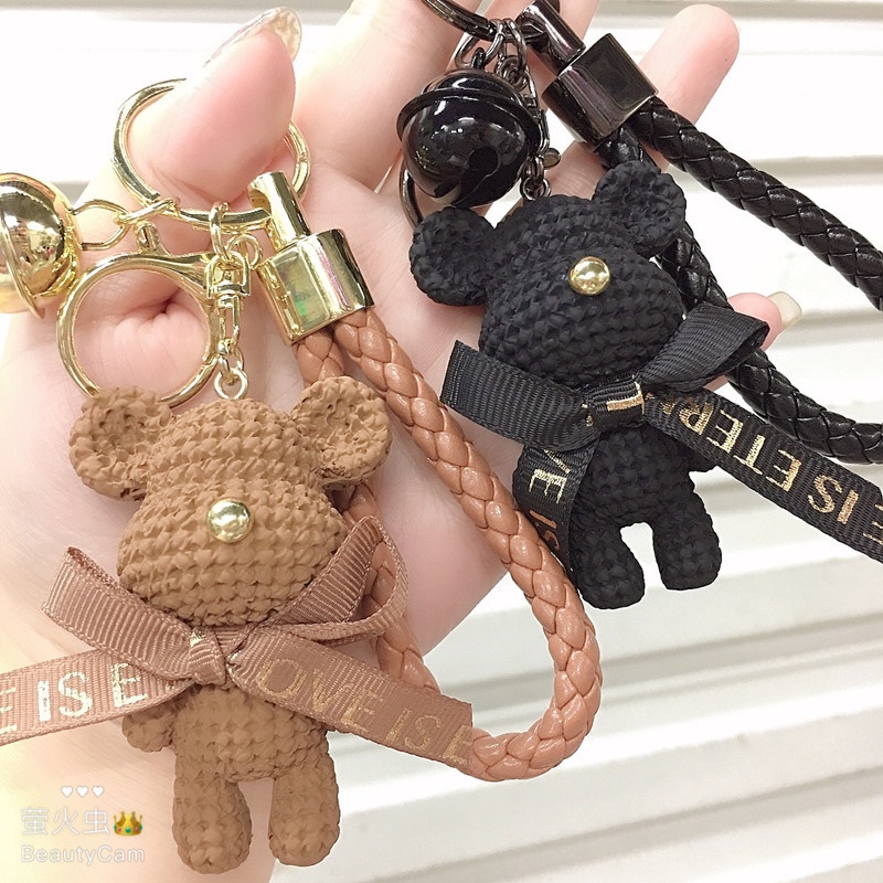 9warna Warna Emas Mawar Resin Pola Rajut Beruang Lucu Dengan Tali Dikepang Gantungan Kunci Mobil Rumah Gantungan Tas Ponsel Case Bluetooth Earphone Cover Charms Liontin Hadiah Untuk Anak Laki-Laki Dan Perempuan