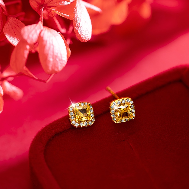 Goldkingdom Perhiasan Fashion 24K Bangkok Aksesoris Ready Stock Wanita Cahaya Mewah Flash Sugar Cube Berlian Kuning Kalung Gelang Cincin Stud Anting Berlapis Emas Empat Potong Set