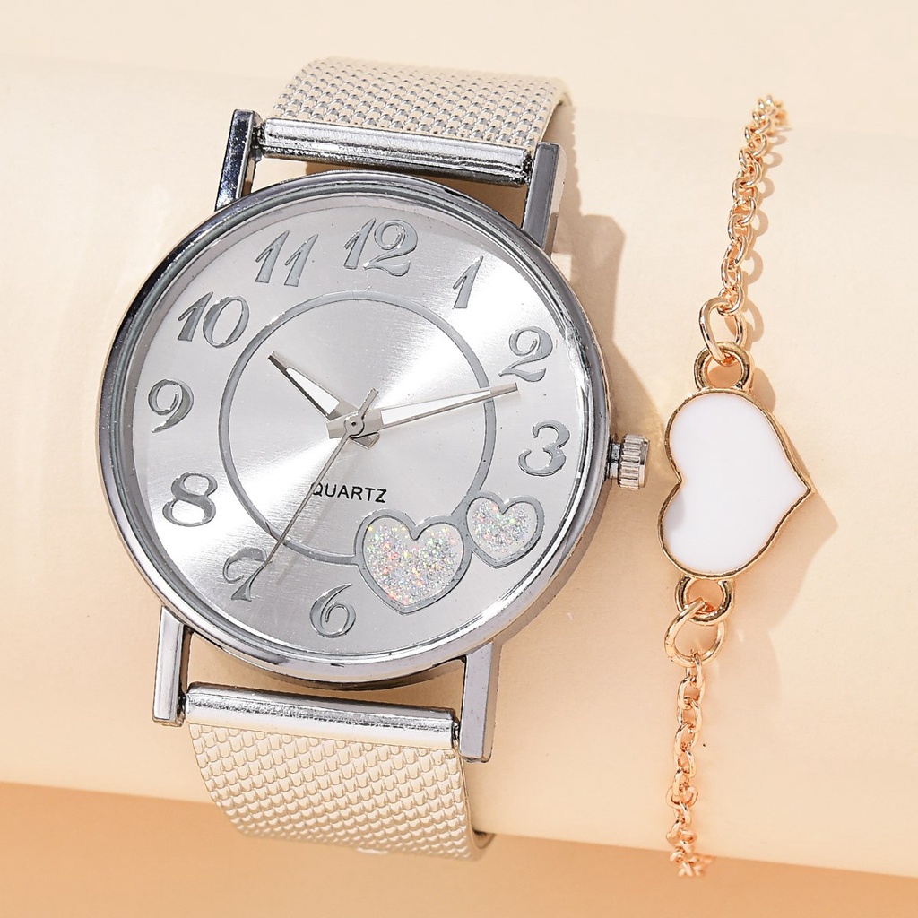 【 Free Bracelet 】2pcs Jam Kuarsa Wanita + Gelang Tali Stainless Steel Mewah Sederhana