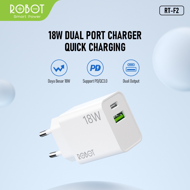 ROBOT Dual Port Charger Quick Charging RT-F2 QC 3.0 Micro USB Type-C Dual Output USB-A dan USB-C  - Garansi RESMI 1 Tahun