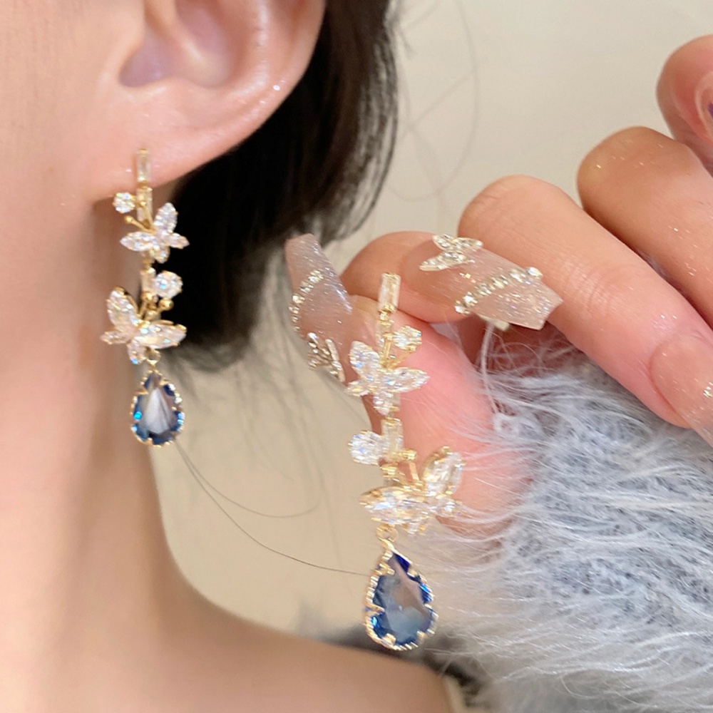 Deartiara Korea Cahaya Mewah Premium Anting Tetesan Kupu-Kupu Indah Micro Set Zirkon Anting Temperamen Biru