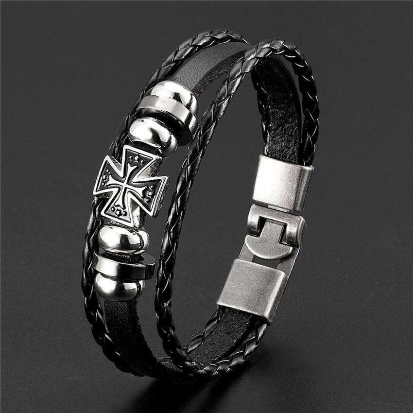 [Z H Perhiasan] Vintage Rock Cross Gelang Kulit Pria Dan Wanita Fashion Stainless Steel Multilayer Manik-Manik PU Gelang Punk Pesta Perhiasan Aksesoris