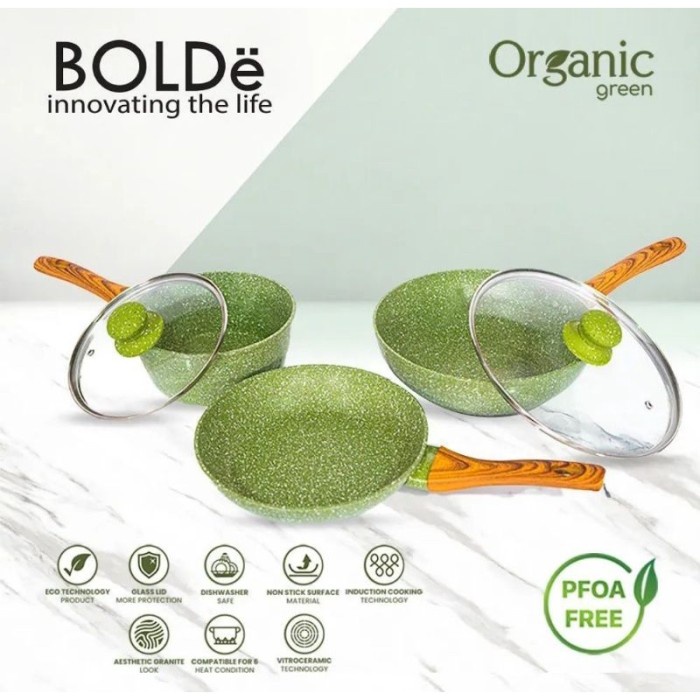 Bolde Organic Green Pan Set 5pc Panci Wajan Anti Lengket Dengan Tutup