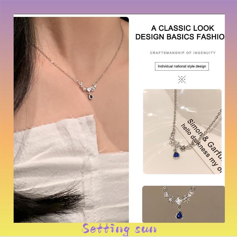 Kalung Tetesan Air Zirkon Biru Wanita Cahaya Mewah Manis Sejuk Temperamen TN