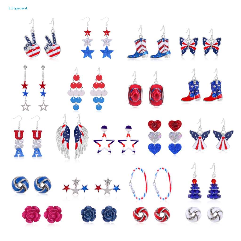 Lilyscent 1pasang Charming Drop Earrings Women Jewelries July 4th Anting Bendera Amerika Tidak Sakit Memakai