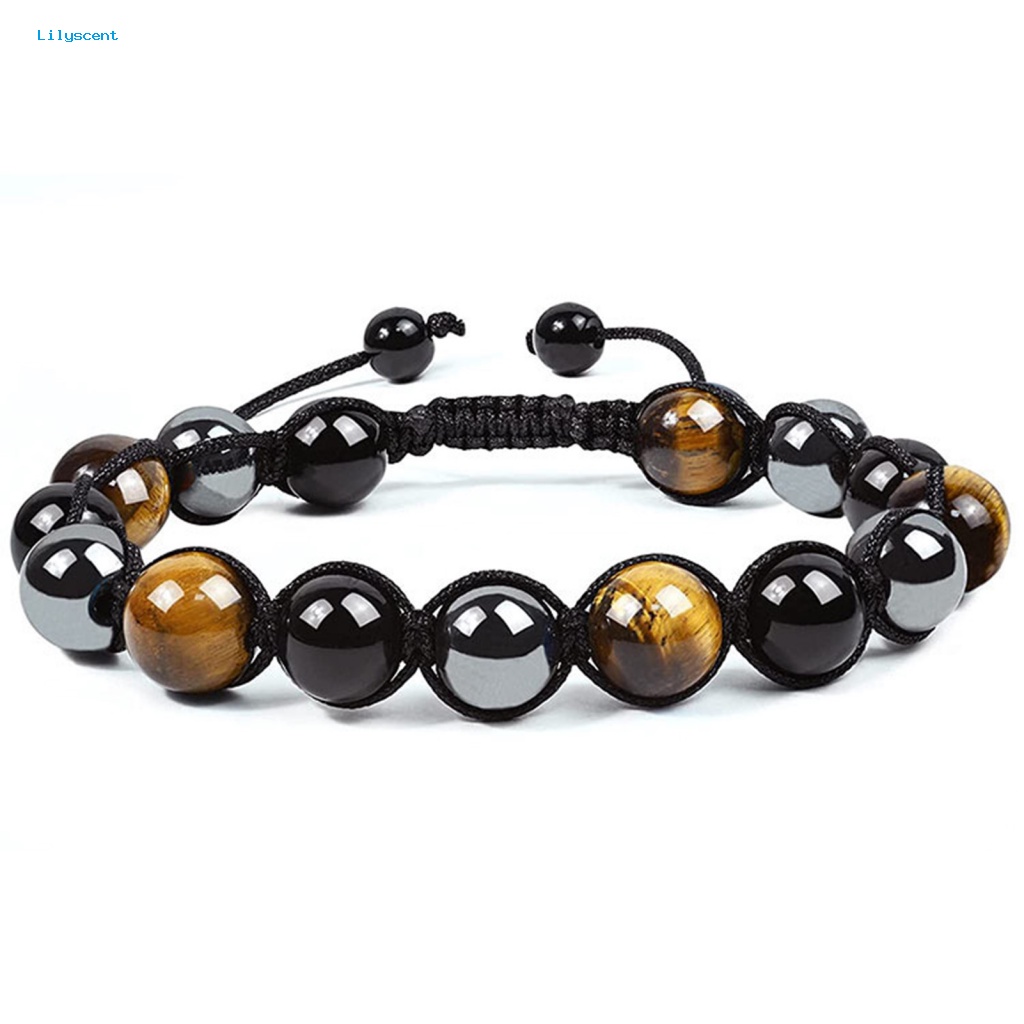 Lilyscent Gelang Manik-Manik Anti Luntur Perlengkapan Pesta Obsidian Hematite Pria Wanita Bracelet Glossy