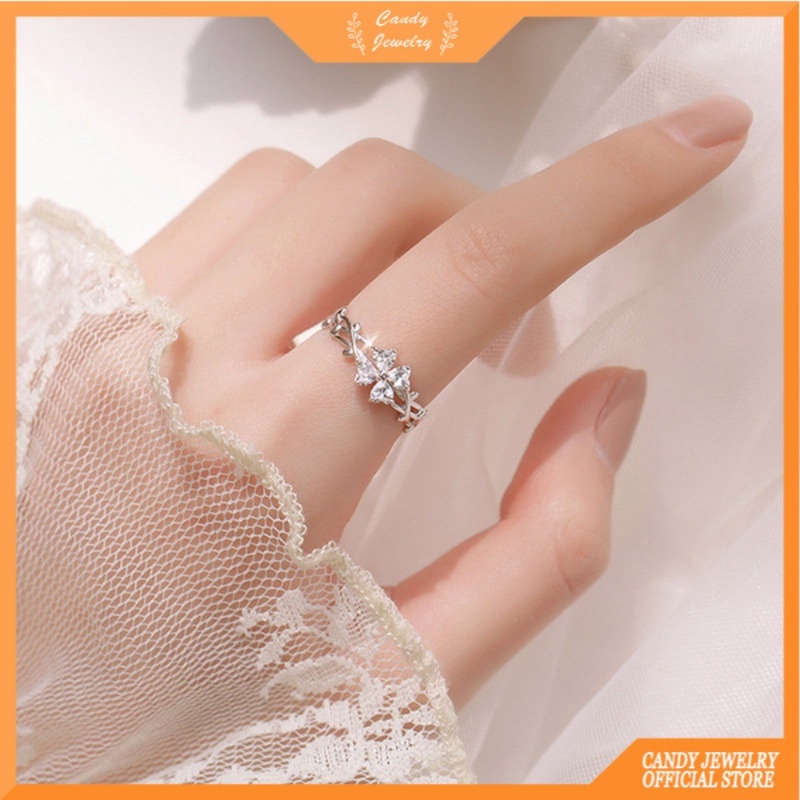 Perhiasan Cincin Jari Telunjuk Model Terbuka Bentuk Daun Clover Aksen Berlian Zircon Gaya Korea Untuk Wanita