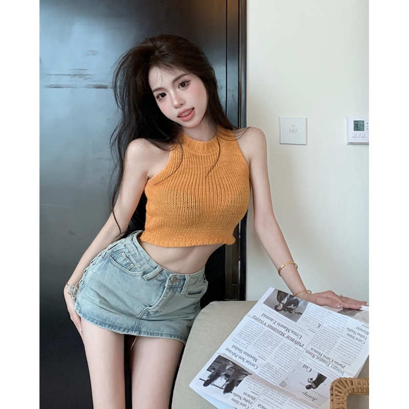 ☈Suhao murni keinginan menggali angin bahu rajutan kamisol perempuan musim panas gadis panas pendek pinggang tinggi menggantung leher seksi bagian dalam top top pakaian luar crop top seksi tank top wanita motif