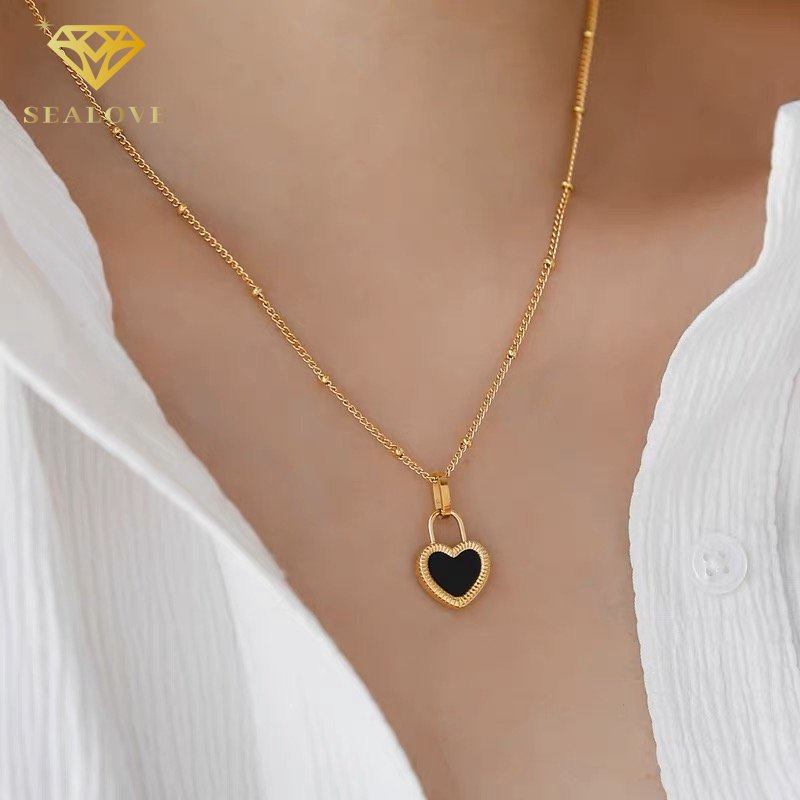 Hati Putih Hitam Cantik Terbaru Kalung Titanium Wanita Anti Karat necklace Emas 18K Perhiasan Wanita Fashion koera 2023 terbaru