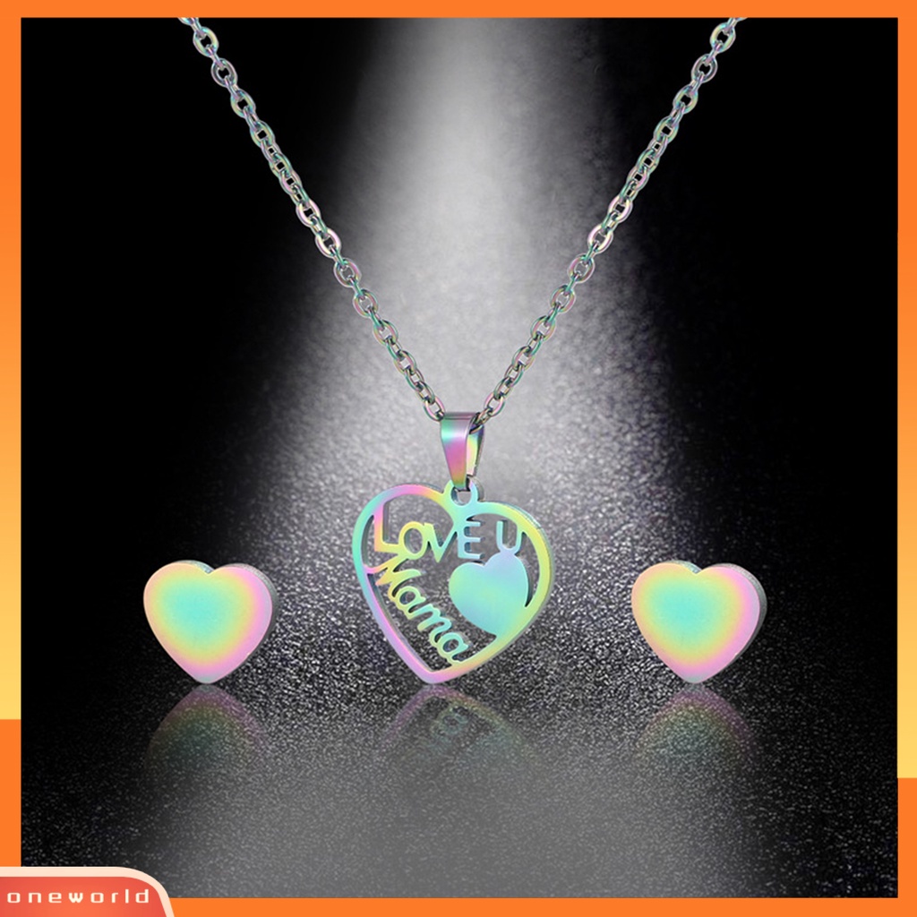 [ONE] 2 Pcs/Set Wanita Kalung Berongga Cinta U Mama Hadiah Hari Ibu Warna Pelangi Cinta Kecil Hati Telinga Studs Earrings Kit Fashion Perhiasan
