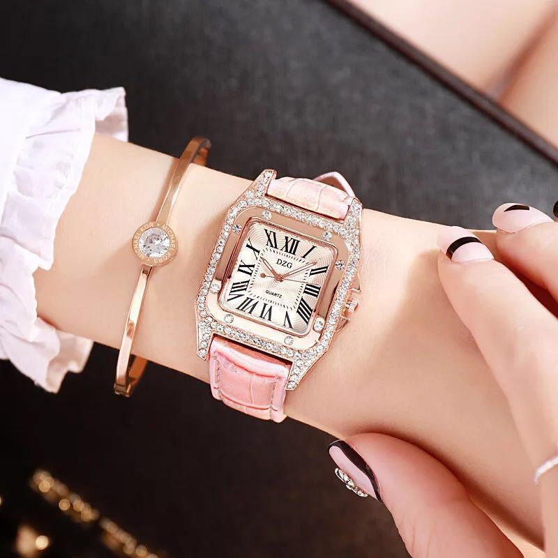 CIELO (COD)Jam Tangan Wanita Analog Quartz Accent Rhinestone PU Leather Strap Bracelet Watch Set Jam Tangan Wanita Mewah Stainless Steel Analog Dial Kotak Romawi Fashion Korean Style Import Fashion