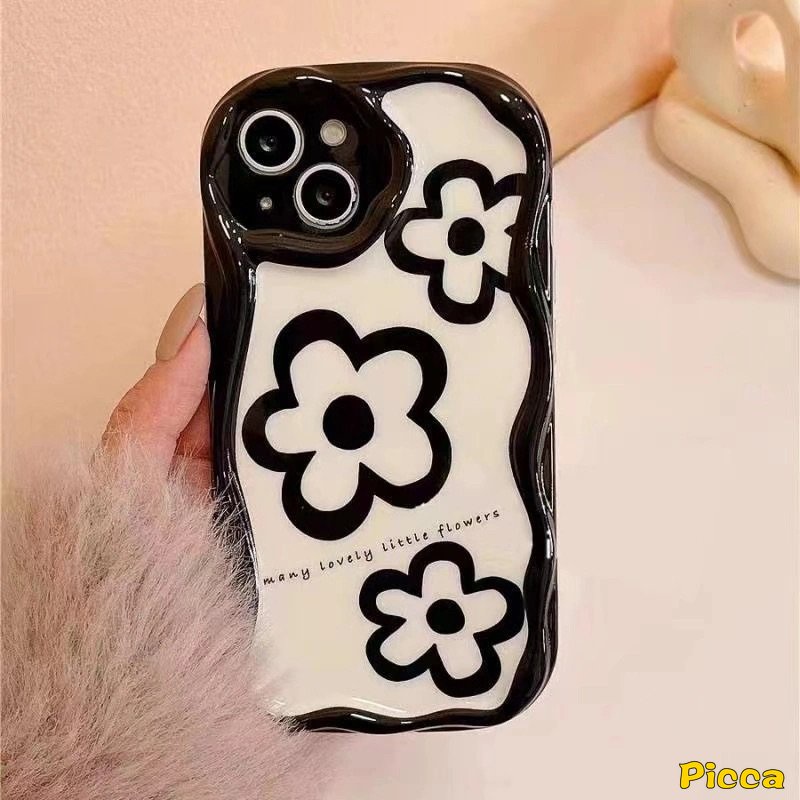 Modis Sederhana Tiga Bunga Glossy Case Kompatibel Untuk IPhone 6s 6plus7 8 Plus XR X XS Max 11 14 13 12 Pro Max SE 2020 3D Wavy Curved Edge Shockproof Airbag Soft Cover