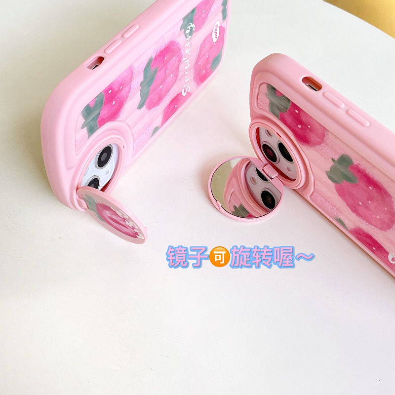 Rotatable Mirror Pink Big Strawberry Girl Woman Soft Silicon Case HP iP iPhone 12 13 14 Pro Max 11 FTD Casing Apple