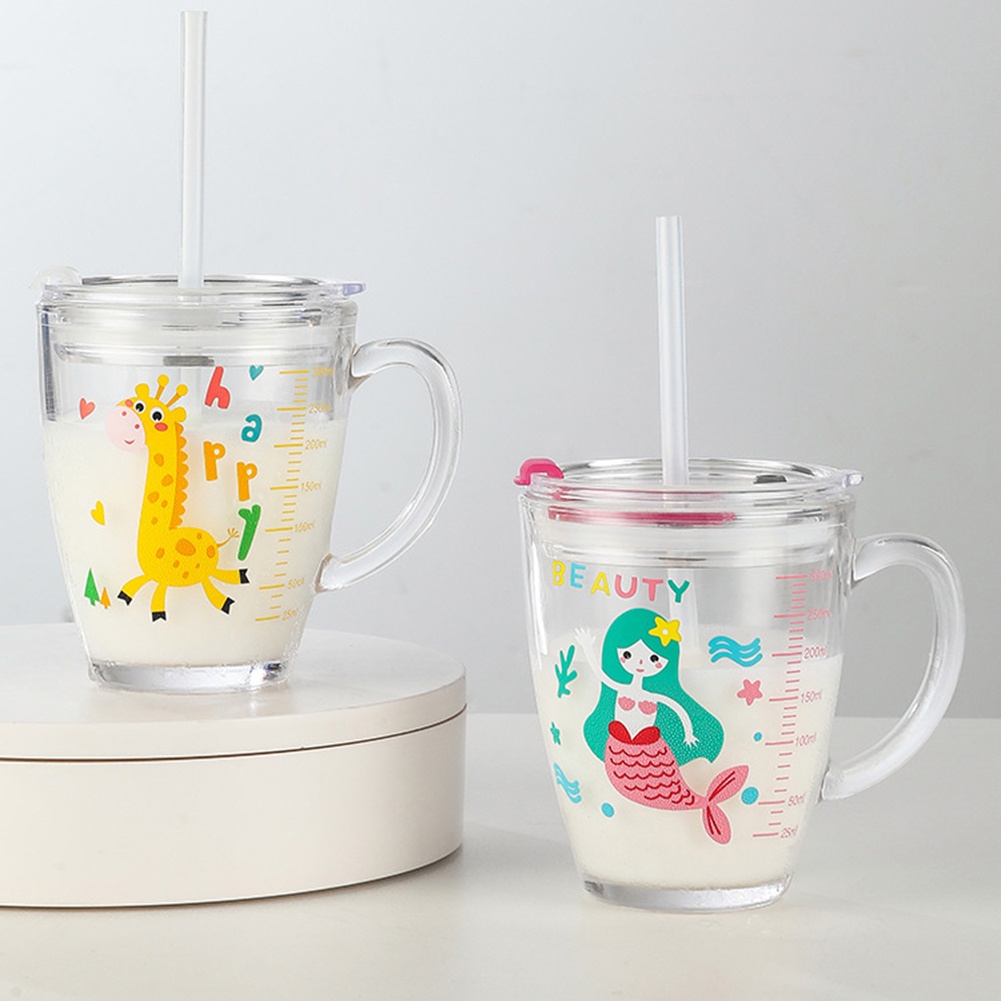 Mug Peralatan Minum 300ml Motif Hewan Lucu Transparan Jus Gelas Kopi Susu Dengan Pegangan Dan Tutup