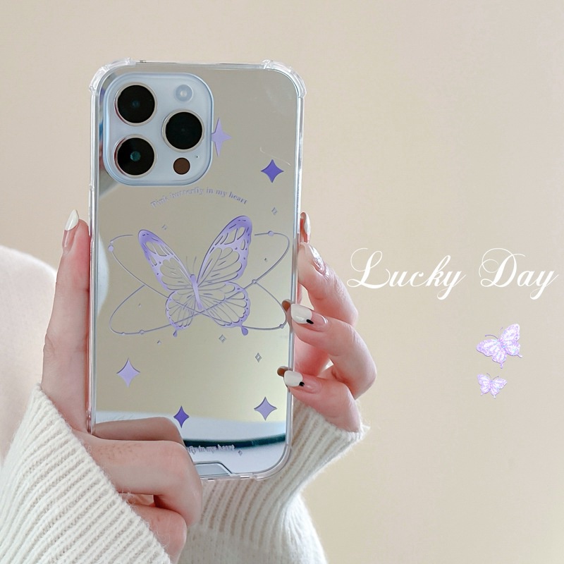 【Anti Fall Mirror】Pretty Silver Makeup Silicone Soft Case Iphone 6S 7 8 Plus X XR XS Max IPhone 11 12 13 14 Pro Max 14 Plus 7+ 8+ 12 13 mini for Women Girl Ins Purple butterfly