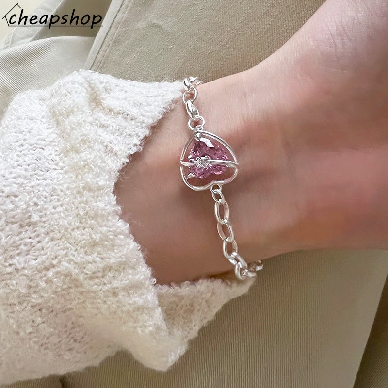 Ifyou Y2K Gelang Moonstone Pink Heart Adjustable Bangles Untuk Perhiasan Aksesoris Wanita