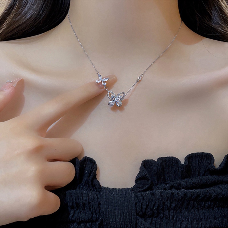 Kalung Liontin Kupu-Kupu Elegan Untuk Wanita Lady Charm Kristal Rantai Perak Rumbai Choker Perhiasan Hadiah