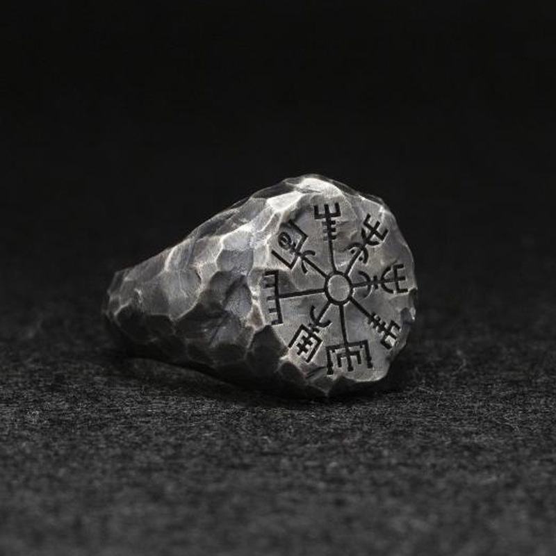 Ukir Kompas Viking Compas Rune Pria Cincin Retro Kreatif Seni Cincin Terbuka Cincin