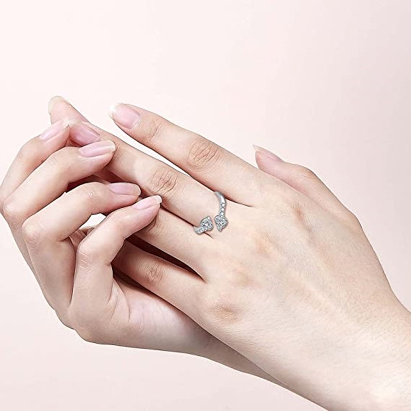 Fashion Elegan INS Adjustable Terbuka Dua Kepala Jantung Cincin Trendi Wanita Perak Geometris Kubik Zirkon Jantung Jari Rings Untuk Pernikahan Valentine Perhiasan