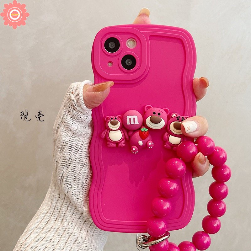 IPHONE 3d Boneka Kartun Strawberry Bear Bow Rose Red Case Kompatibel Untuk Iphone11Xr 7Plus 14 12 13 Pro Max7 8 14 Plus X XS MAX Mewah Shockproof Wavy Edge Back Cover