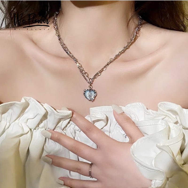 Kami Bunga Keren Manis Glossy Moonstone Kiri Kanan Hati Liontin Kalung Untuk Wanita Gadis Chic s925 Perak Zirkon Manik-Manik Tulang Selangka Rantai Kalung Perhiasan Hadiah